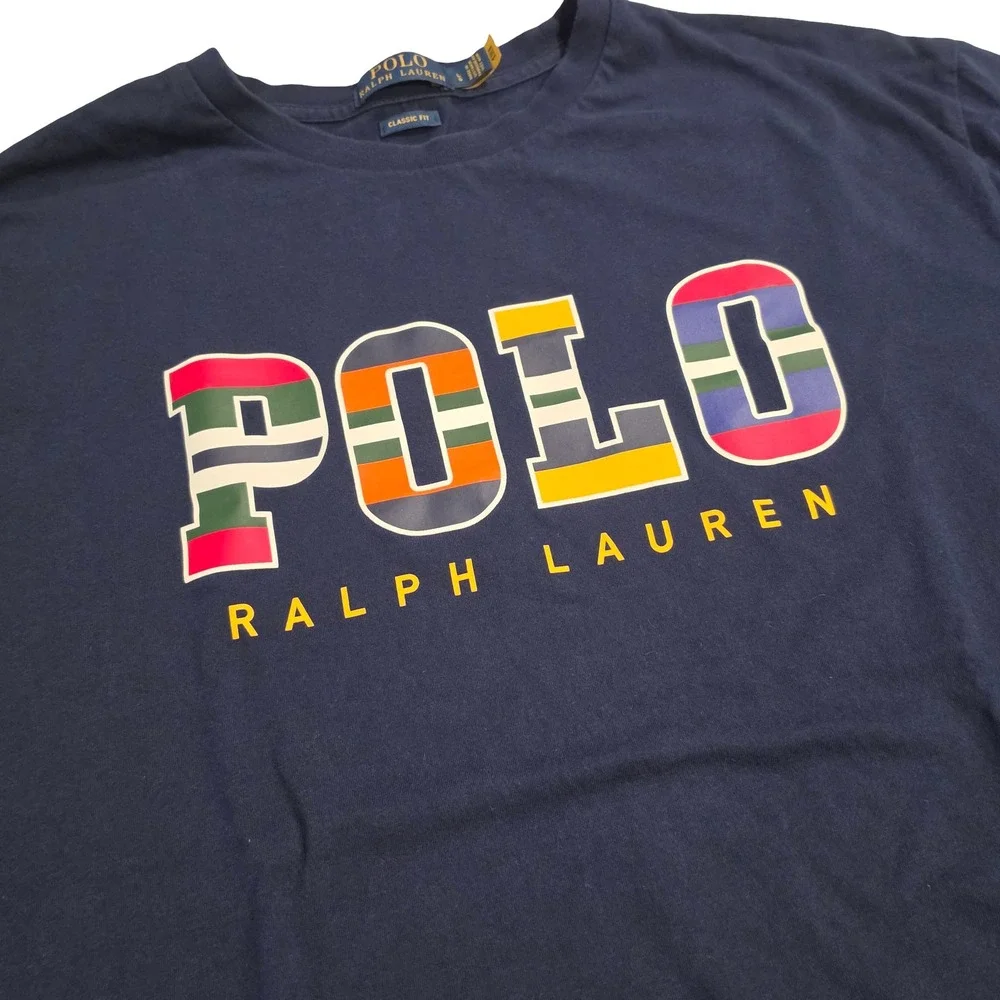 Polo Ralph Lauren Mens T-Shirt Navy Blue Graphic Spellout Logo Classic Fit Large